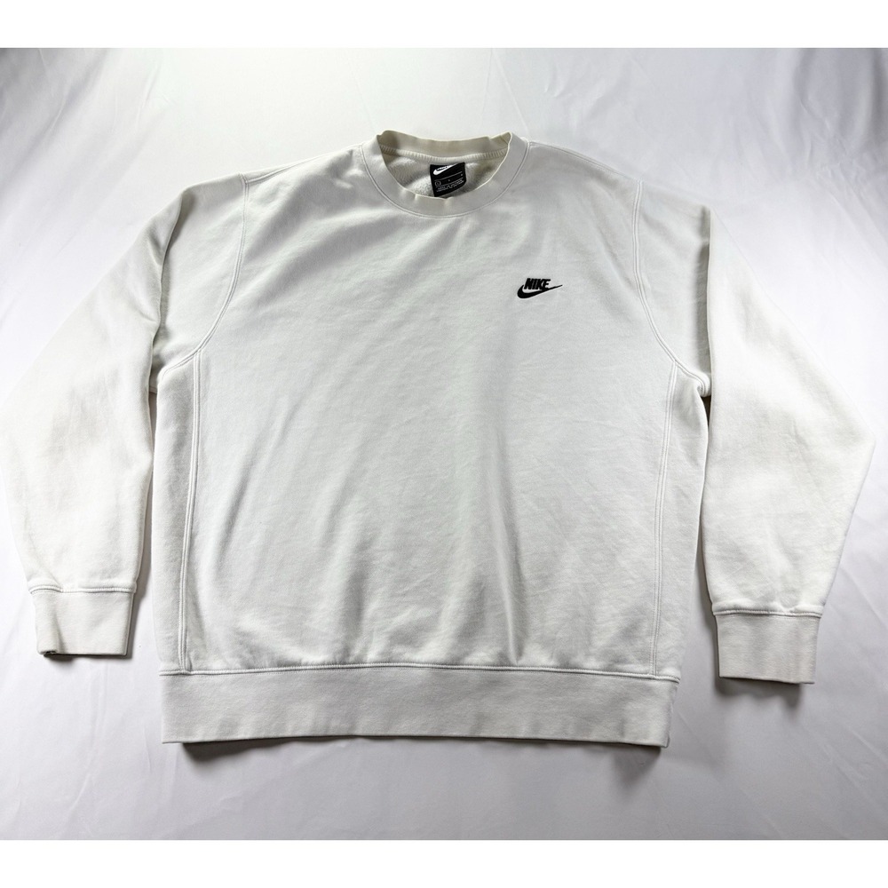 Nike Sweatshirt Mens Large White Crewneck Fleece Pullover Small Swoosh Athletic